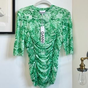 GANNI Ruched Rose Print Mesh Top